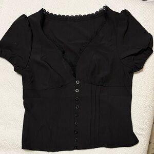 Black Lace-Trim Puff Sleeve Top